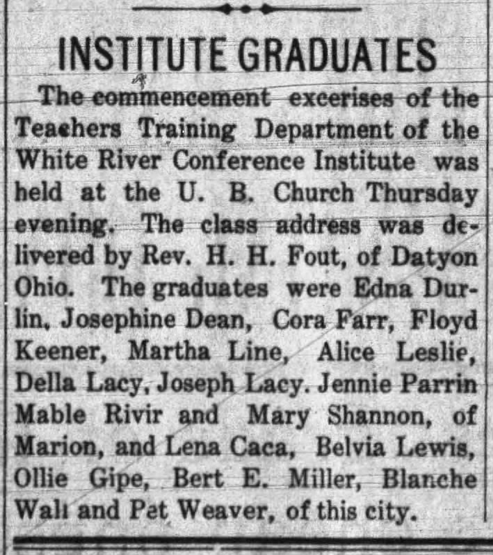 1907 Mable Rivir and Mary Shannon of Marion, Indiana graduated from teachers training.