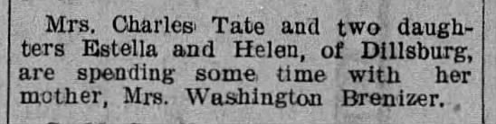 1905 Mrs. Charles Tate, daughter of Mrs. Washington Brenizer, lived in Dillsburg.