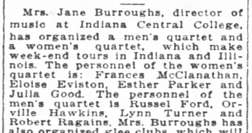 1926 Julia Good was in a women's quartet at Indiana Central College.
