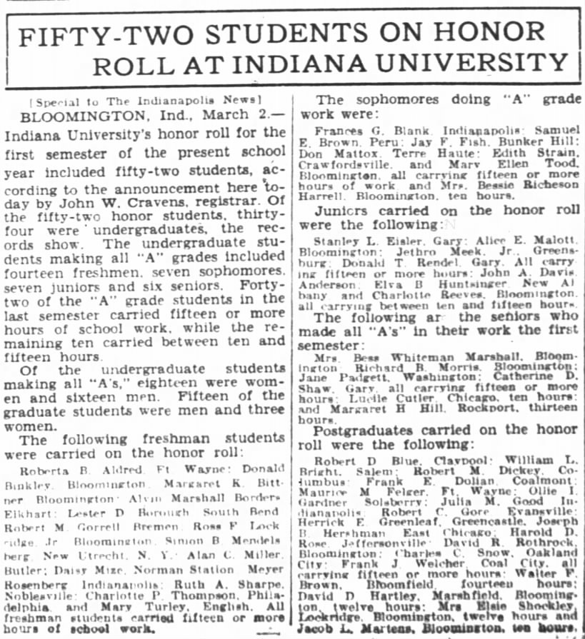 1932 Julia M. Good: Honor Roll as a postgraduate student at Indiana University.
