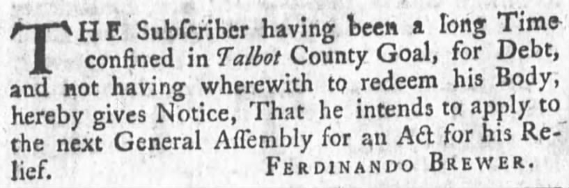 1757 Ferdinando Brewer was imprisoned.
