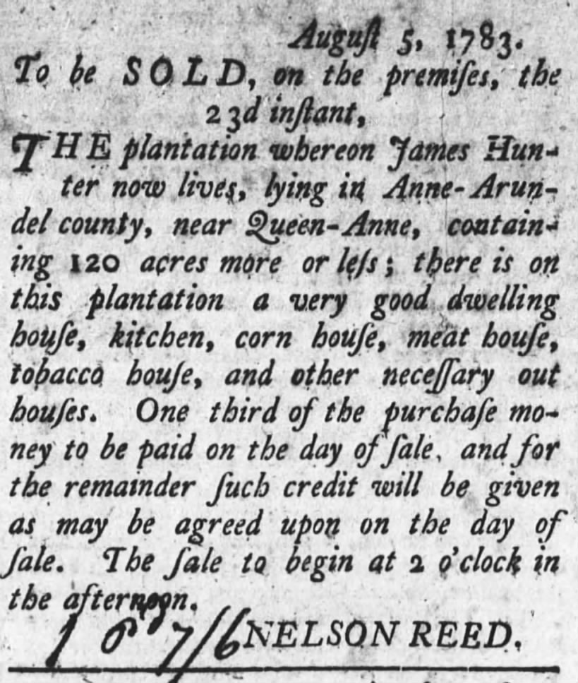 1783 Nelson Reed offered land for sale in Anne-Arundel.