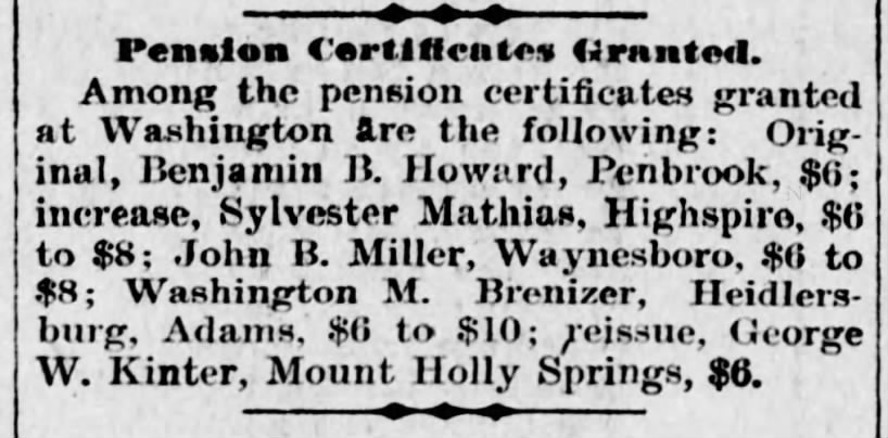 1898 Washington M. Brenizer received a pension.