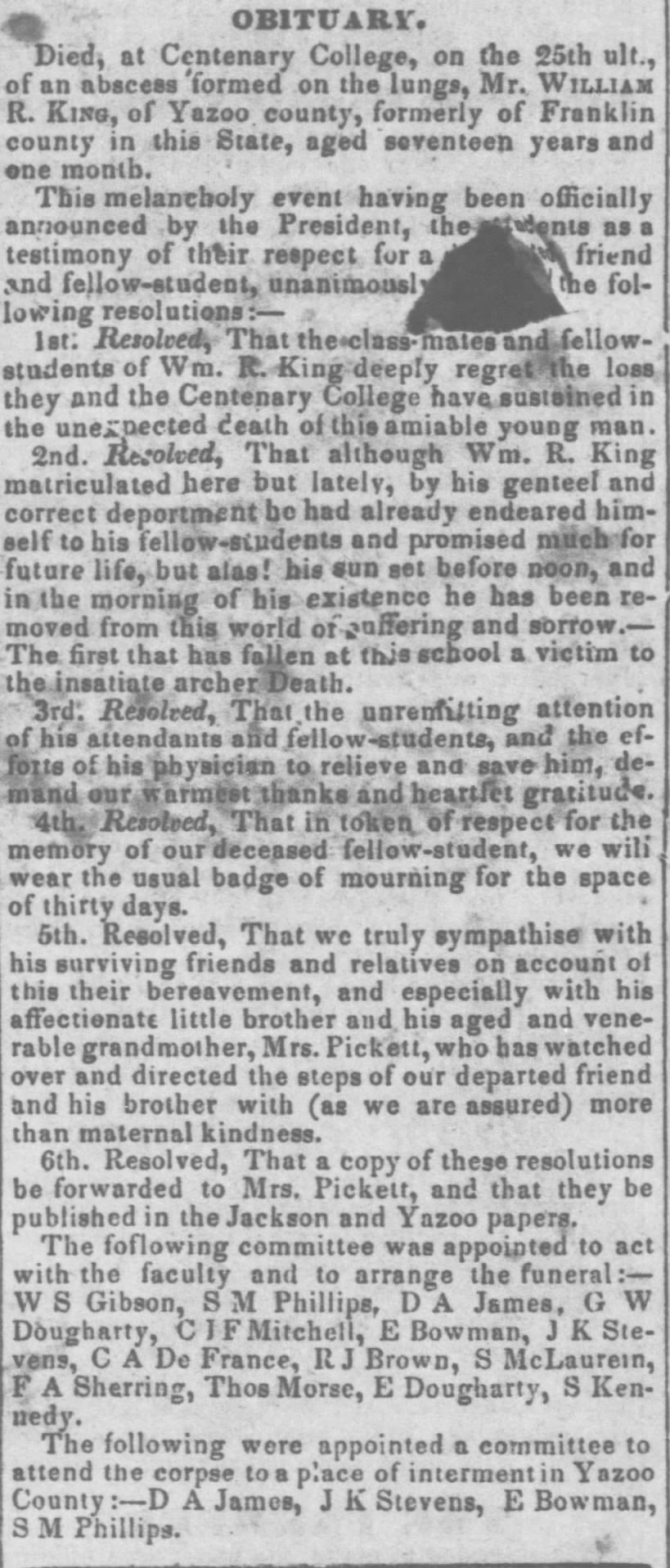 1843 William R King, grandson of Mrs. Pickett, died while a student at Centenary College.