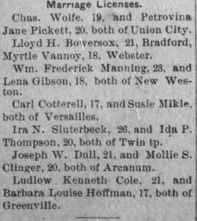 1904 Marriage of Charles Wolfe and Petrovna Pickett.