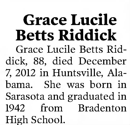 Obituary for Grace Lucile Betts Riddick (Aged 88)