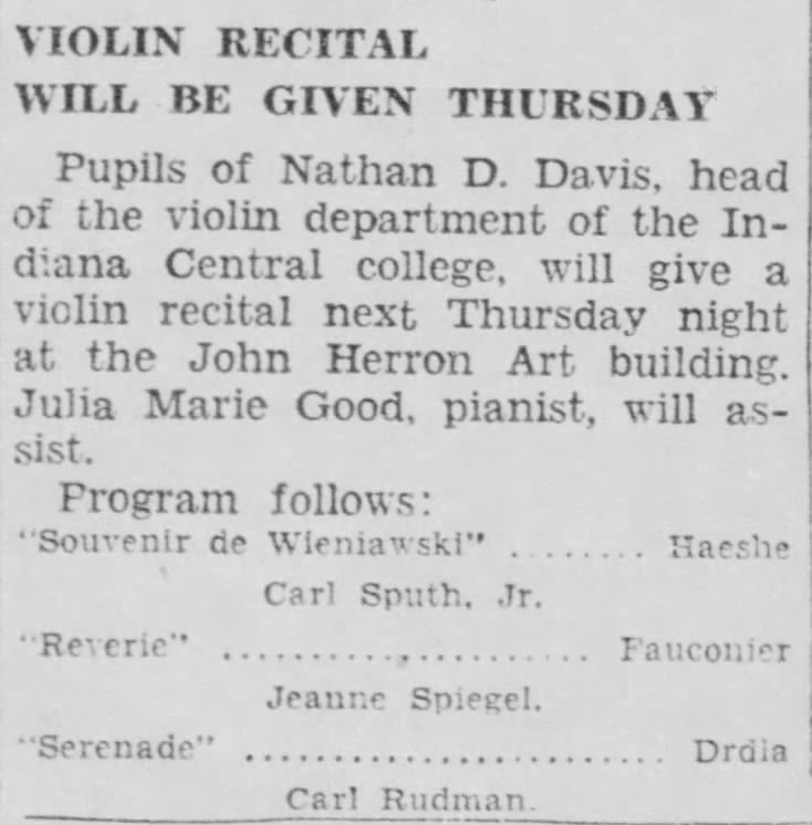 1929 Julia Good accompanied a violin recital at ICC.