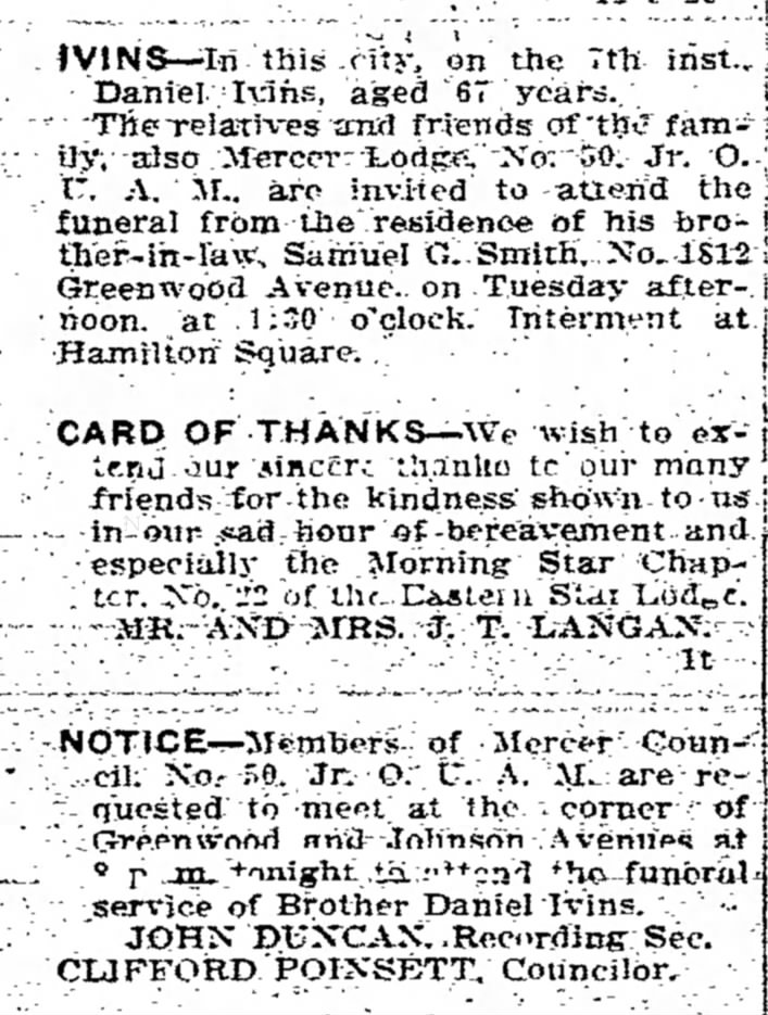 1912 Death notice for Daniel Ivins. Died December 7 at age 67 in Trenton.