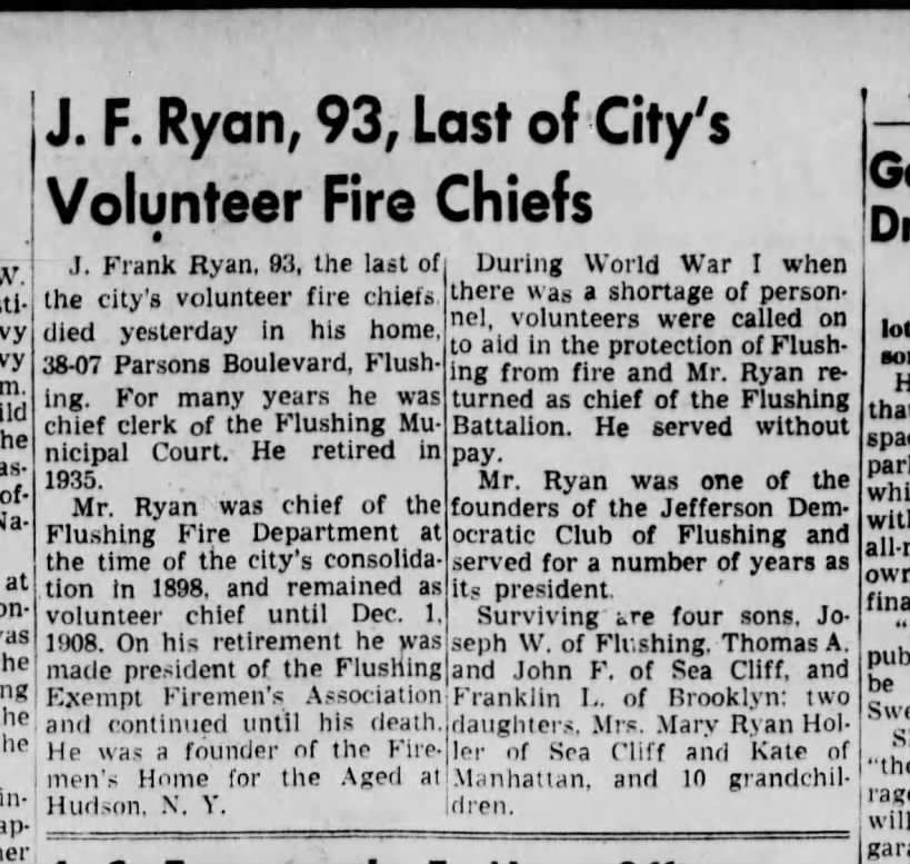 j frank Rayn obit 29 Oct 1952 brooklyn Daily Eagle page 13