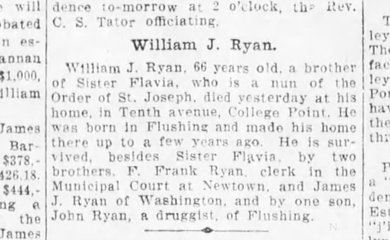 William J Ryan death announcement  7 Jan 1911 Brooklyn Eagle page 6  Several details incorrect