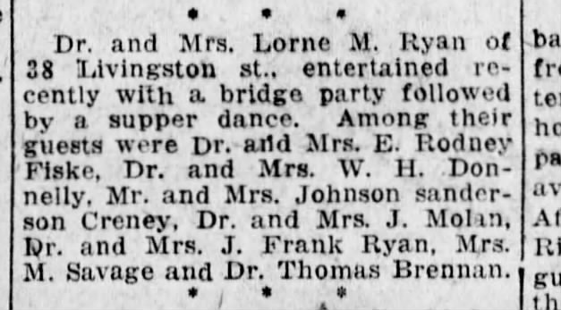 Mrs J Frank Ryan  2 Jan 1925 Brooklyn Eagle page 7 society news