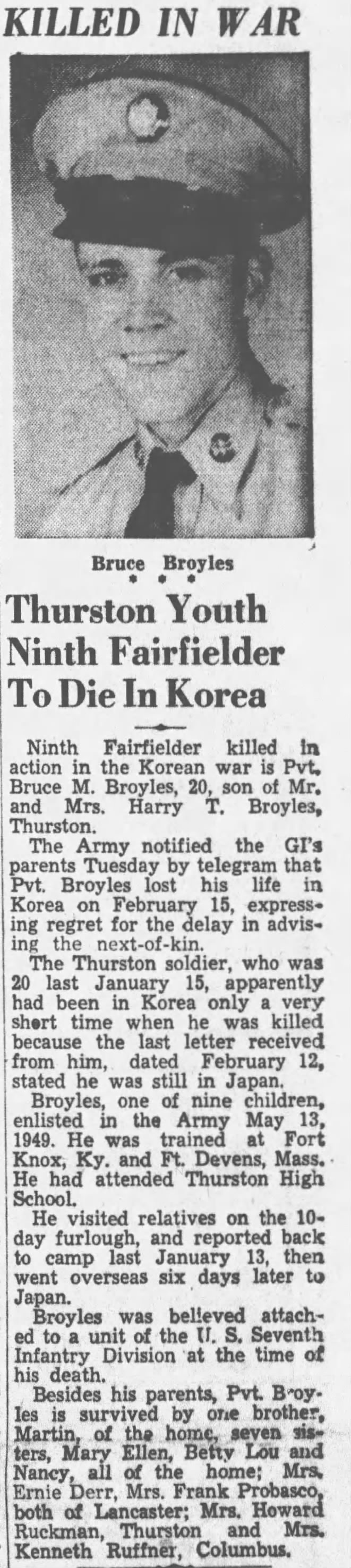Bruce Marlin Broyles killed in action in Korea