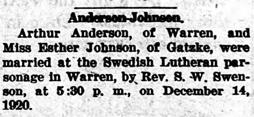 Arthur Anderson and Esther Johnson married in Warren, Minnesota; 14 Dec 1920