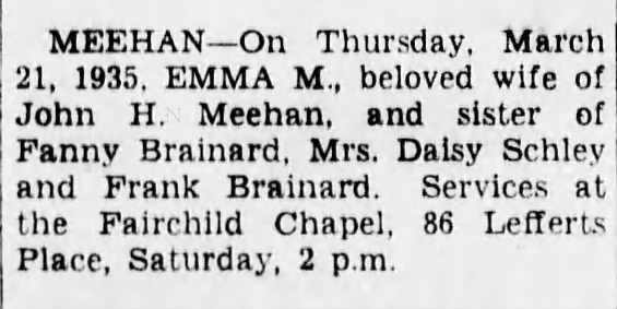 Emma M. Brainard Meehan death notice 22 Mar 1935 Brooklyn Daily Eagle
