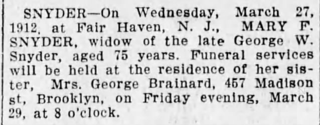 Mary F. Snyder death notice 28 Mar 1912 Brooklyn Daily Eagle