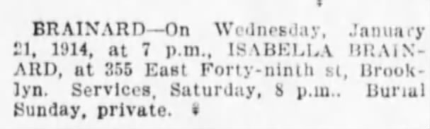 Isabella Brainard Death Notice 22 Jan 1914 Brooklyn Daily Eagle