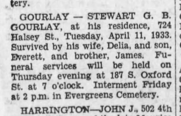 Stewart G. B. Gourlay death notice 12 April 1933  The Brooklyn Daily Eagle