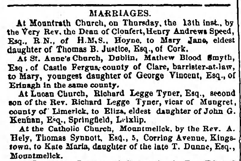 Dunne Synnott marriage - Leinster Express 15May1852