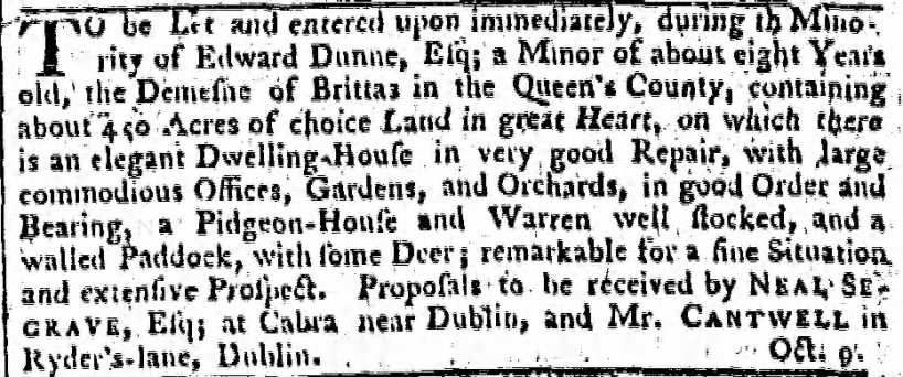 Dunne Edward of Brittas minority - Finn's Leinster Journal 7Dec1771