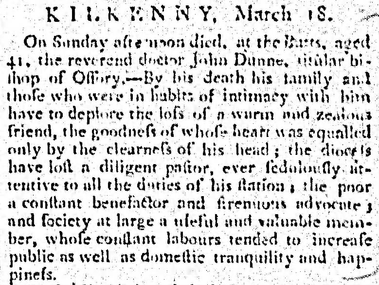 Dunne John bishop Ossory d - Finn's Leinster Journal 18Mar1789p3