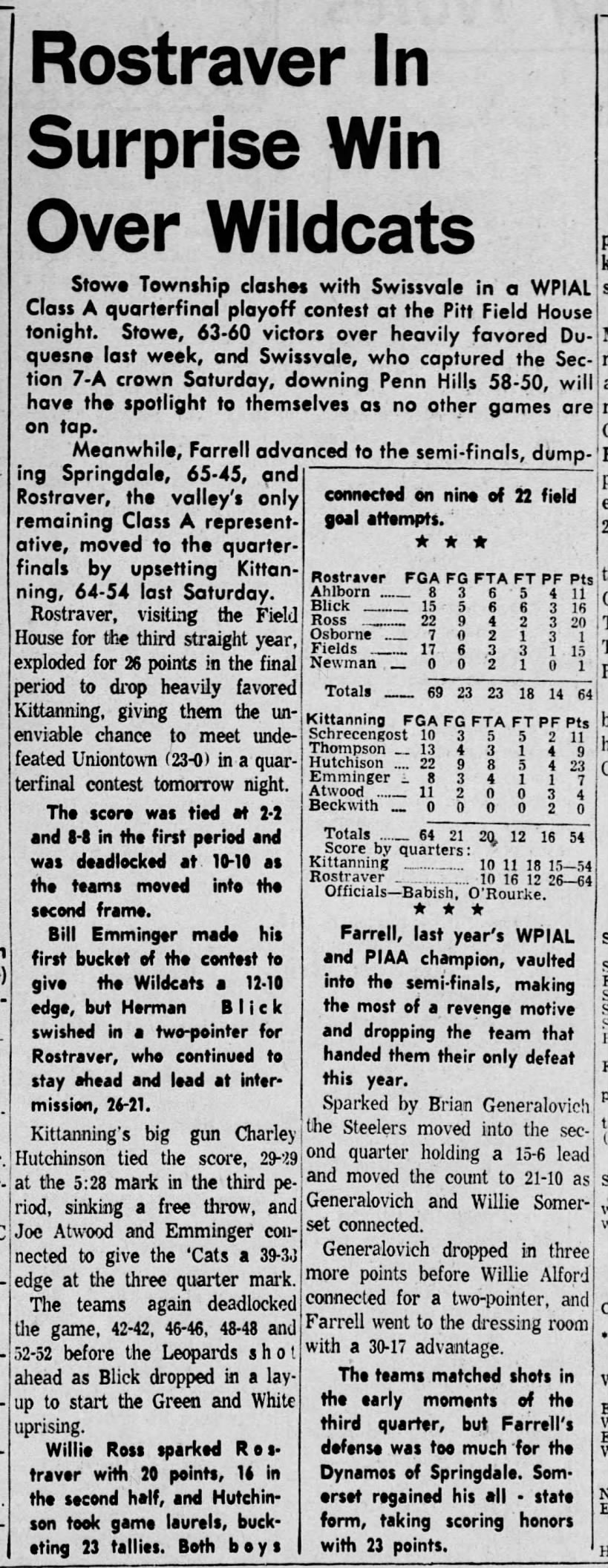 7Mar1960 Rostraver Moves to Quarter Finals by Dumping Kittaning 66-54