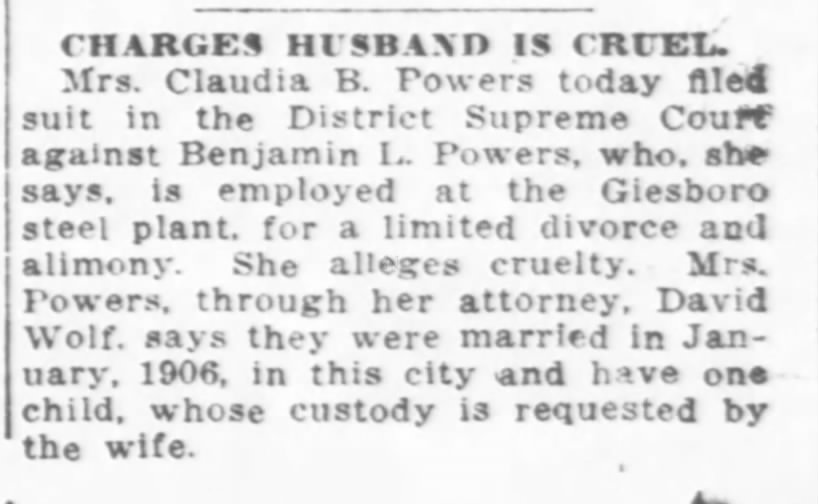 Claudia B Powers sues for divorce from Benjamin L. Powers, 13 Jun 1919