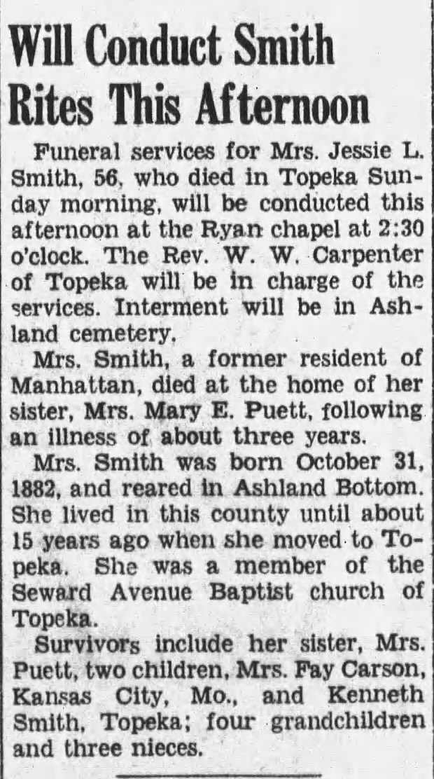 1939 Obituary - Jessie (Bellomy) Smith