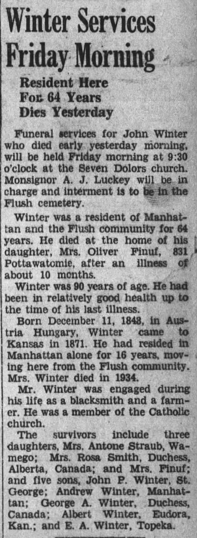 1939 Obituary - John Winter