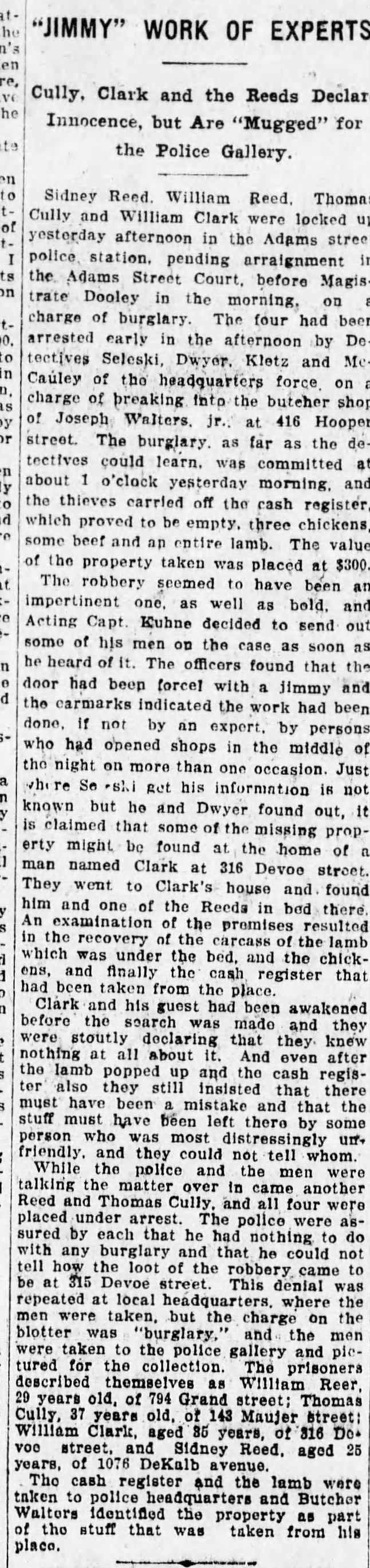 Tom Cully Sr arrested with others for Burglary. 12 Jan 1908.