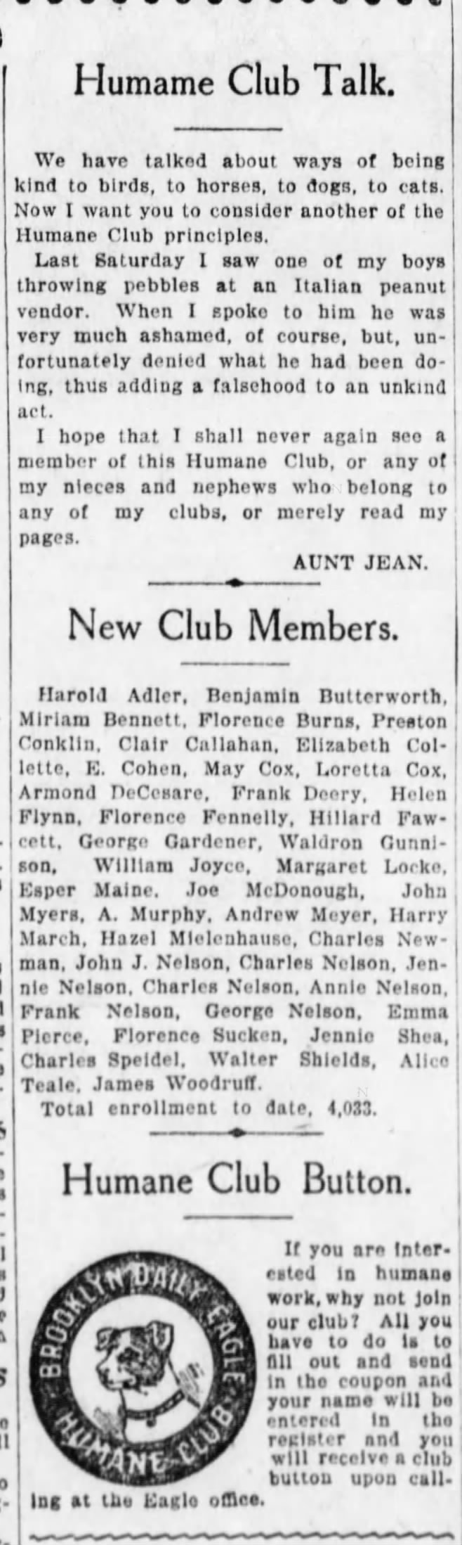 Many Nelsons become members of the Humane Club dated 25 Oct 1906.