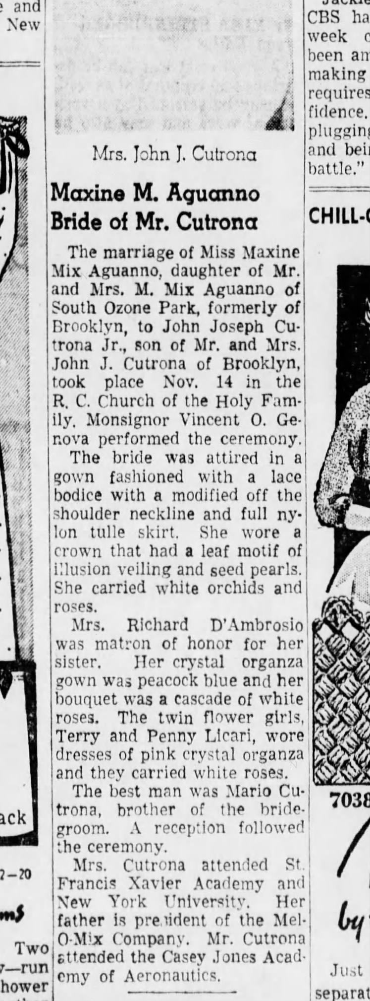 Aguanno Sr. Marriage daughter Maxine in 1954.  Brooklyn Eagle  30 Nov 1954 page 14