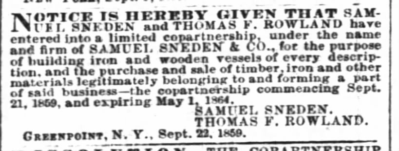 Sneden & Co. copartnership notice 1859