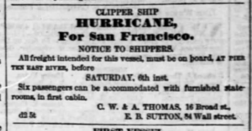 Hurricane (clipper) 1851 advertisement