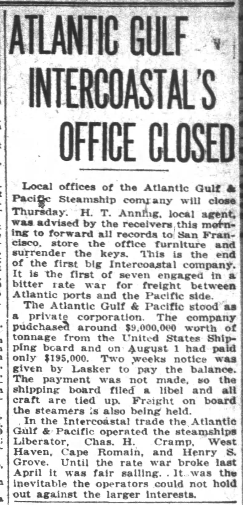 Atlantic Gulf & Pacific bankrupty Aug 1922