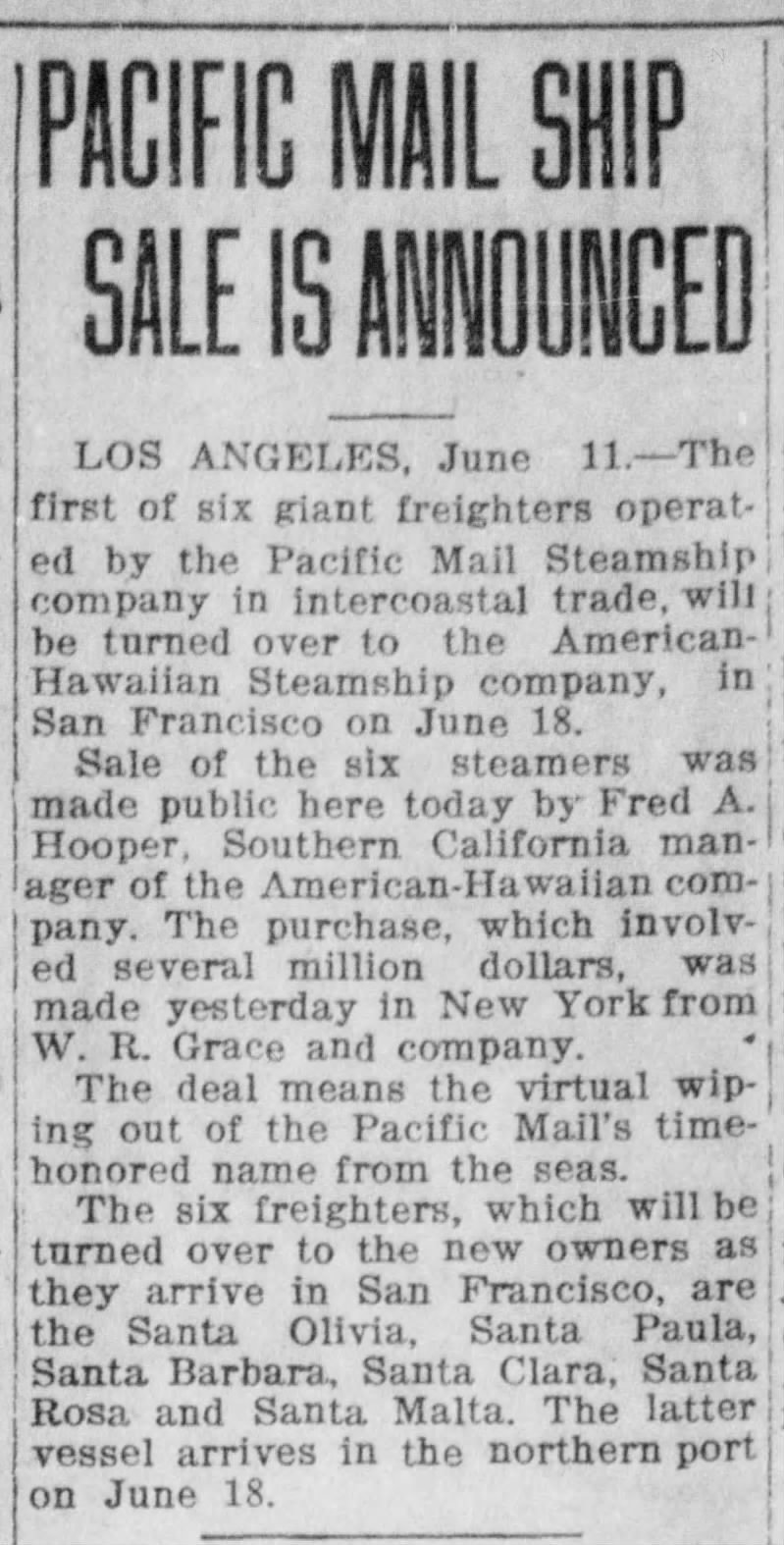 Sale of Santa Olivia and other PMSS ships to Hawaiian-American Jun 1925