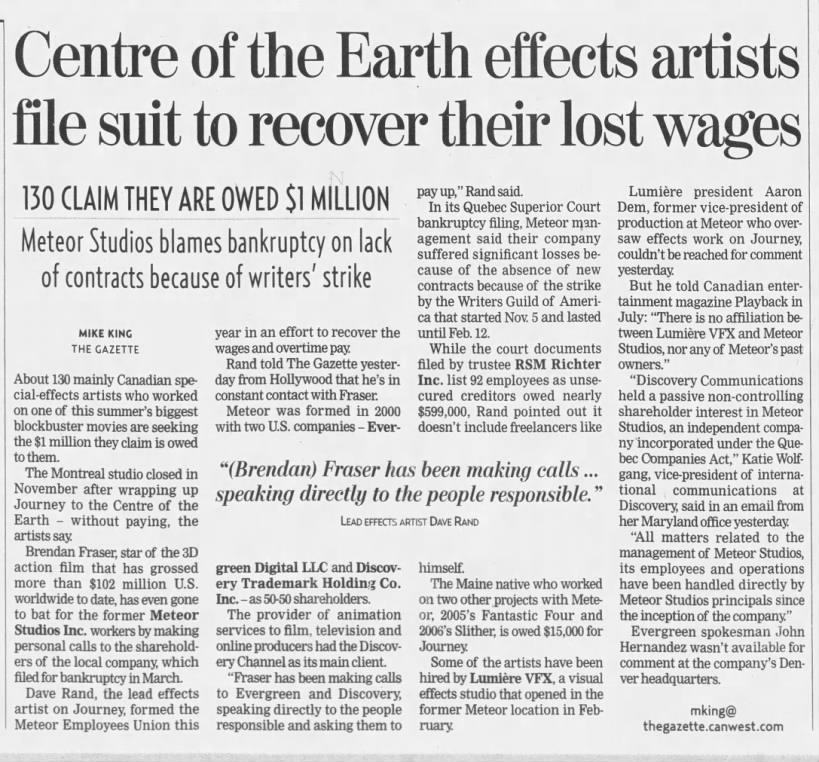 Center of the Earth effects artists file suit to recover their lost wages