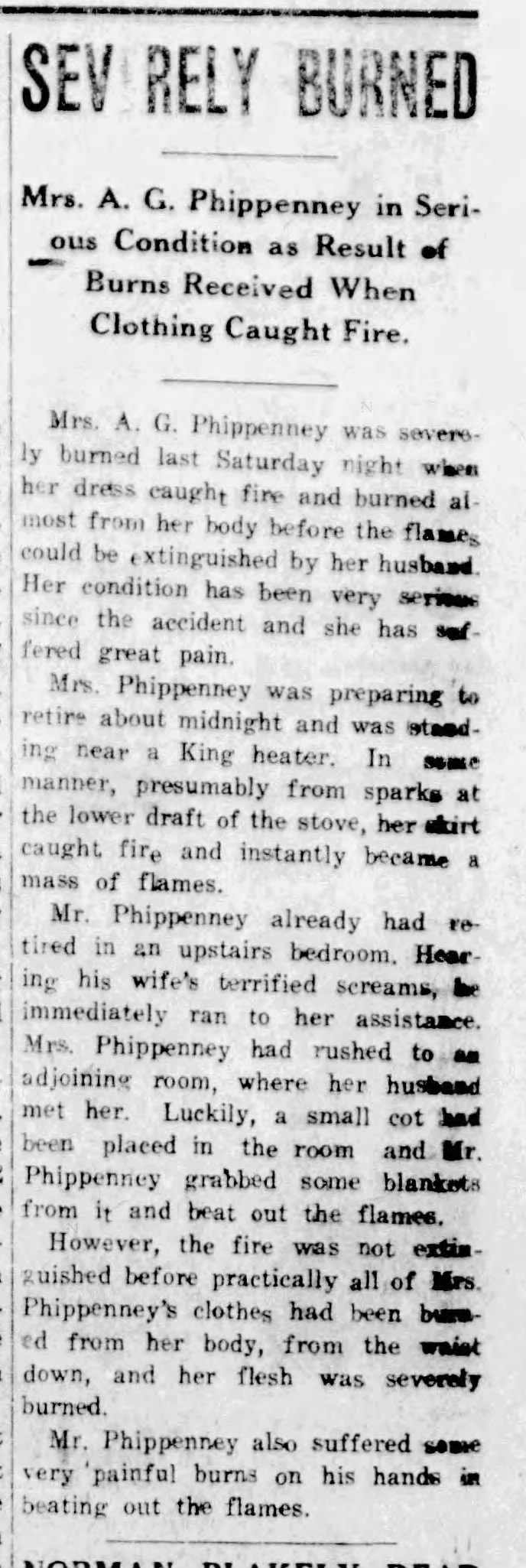 Severly  Burned Mrs. A. G. Phippenney