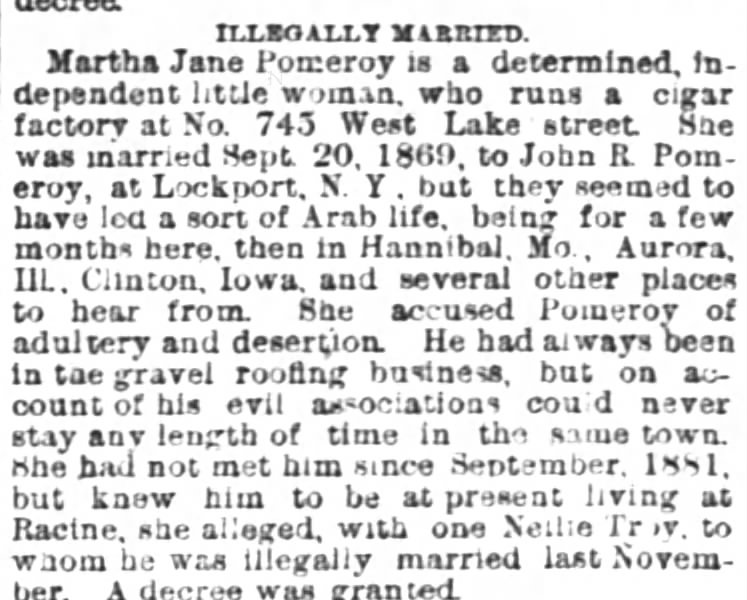Martha Pomeroy, April 13, 1884