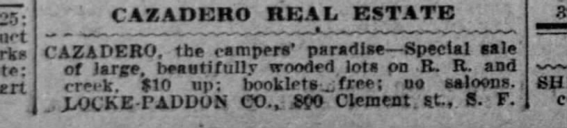 $10 Lots for sale Cazadero - 24 Jul 1910