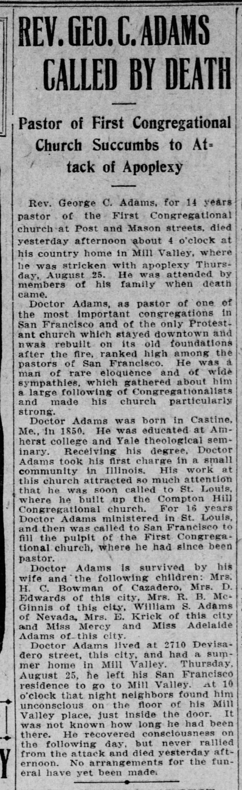 Caz resident's father passes 4 Sep 1910