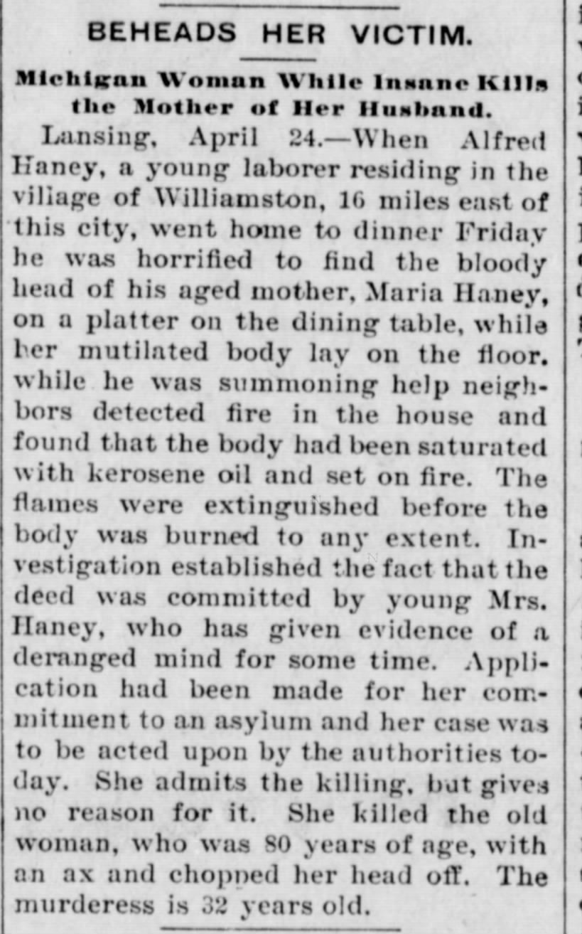 Martha Haney, Alfred Haney's wife beheads mother in law