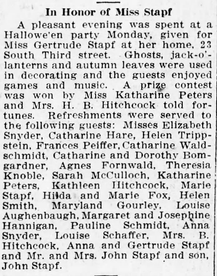 Harrisburg Telegraph Nov 2 1910, Holloween Party - Gertrude (Goox) Stapf