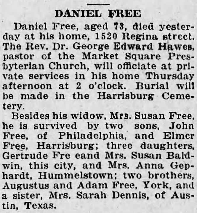 Daniel Free obit - Harrisburg Telegraph - June 26 1923