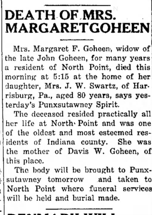 margaret f goheen widow of the late john article dated 15 dec 1916