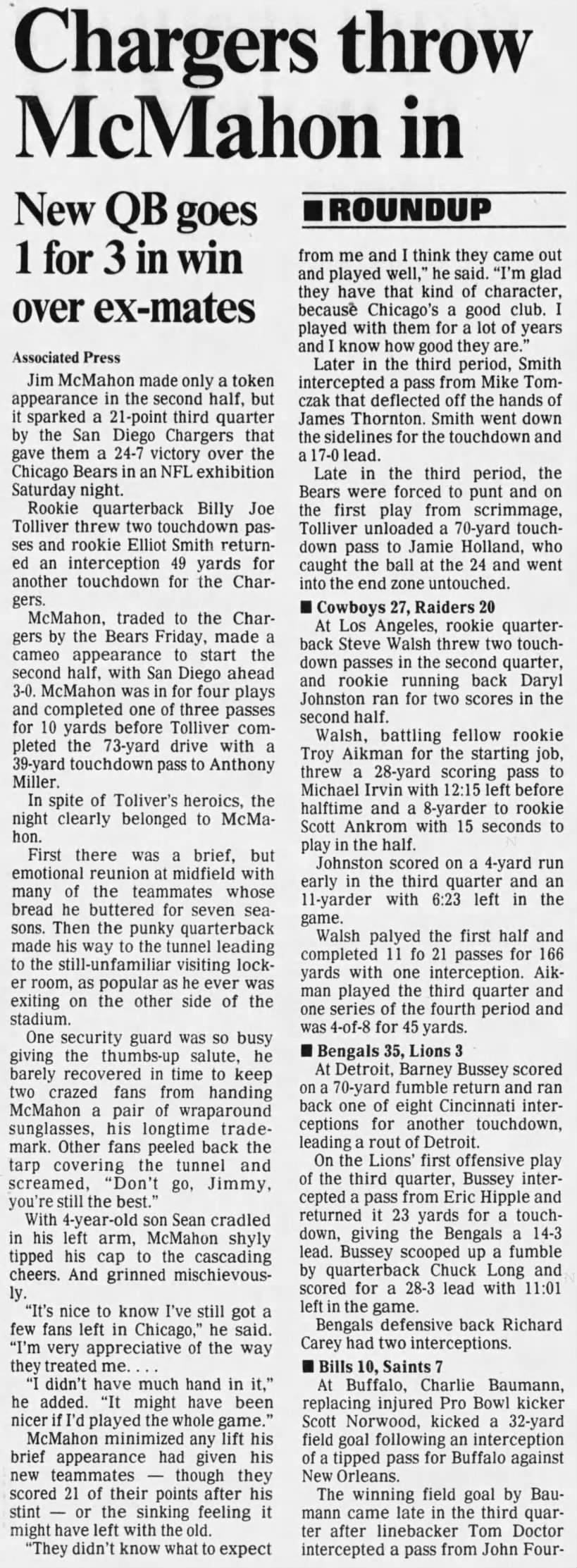 Chargers 24-7 Bears; 20 August 1989