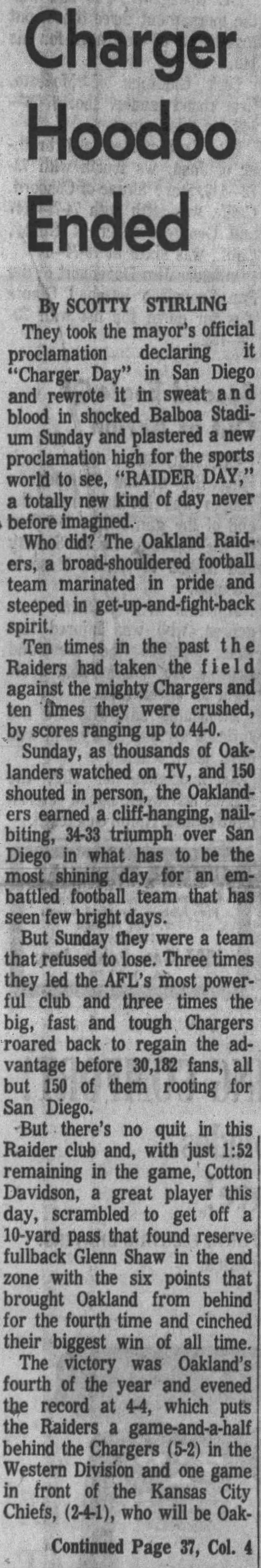 Chargers 33-34 Raiders, 28 Oct 1963