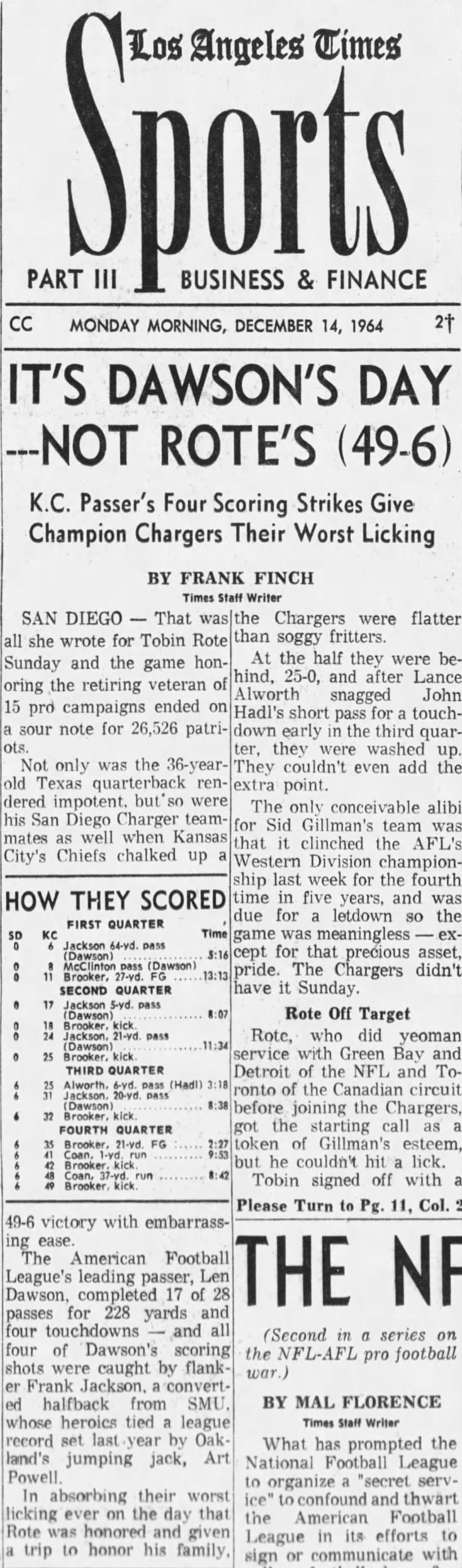 Chargers 6-49 Chiefs, 14 Dec 1969