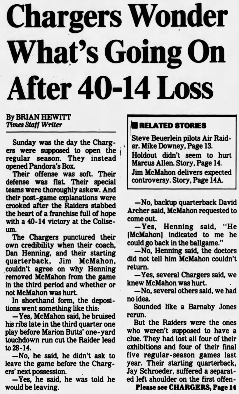 Chargers 14-40 Raiders, 11 Sep 1989