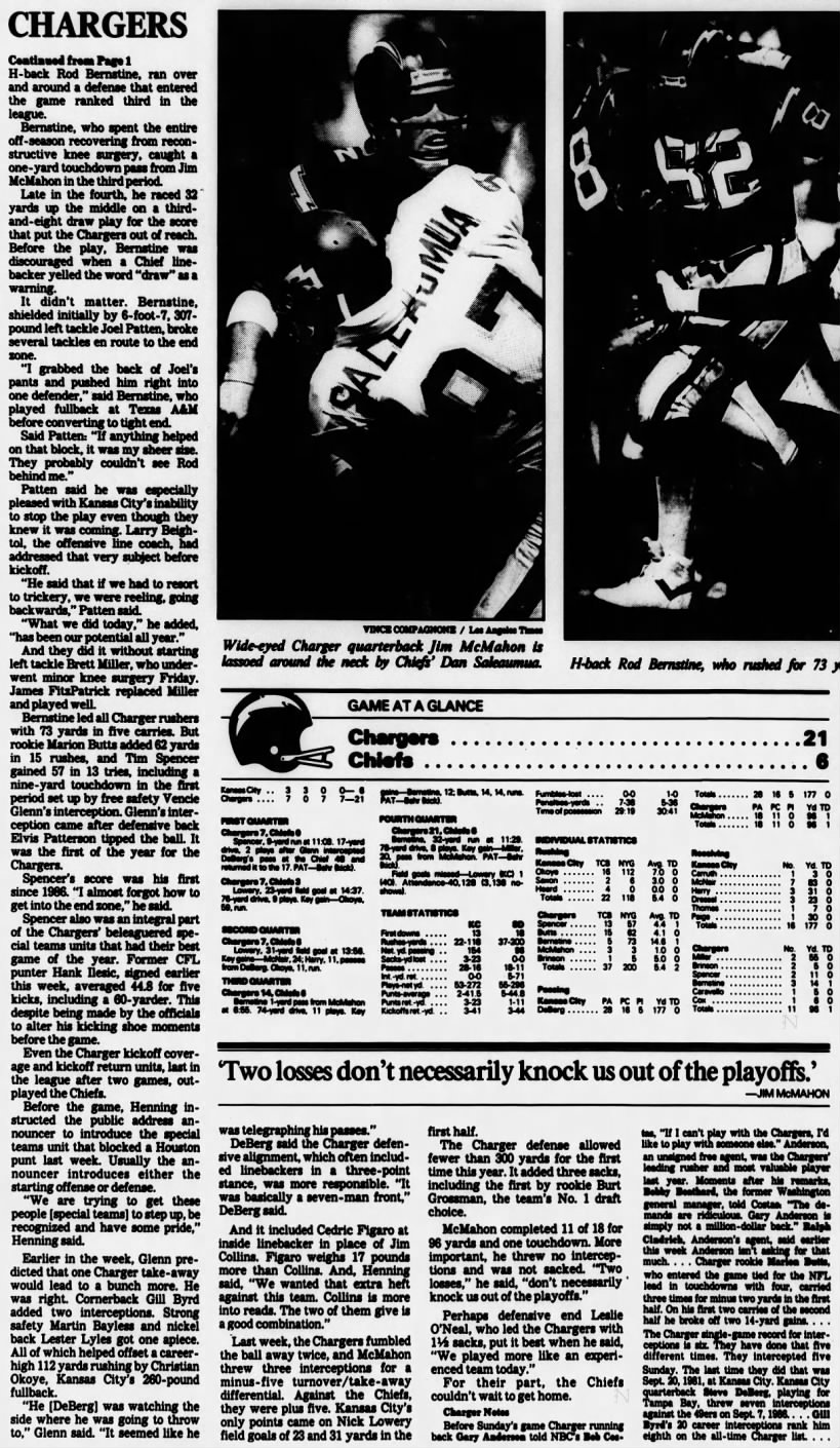 Chargers 21-6 Chiefs, 25 Sep 1989