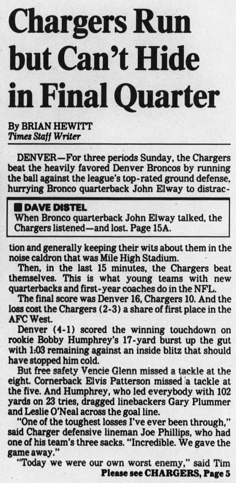 Chargers 10-16 Broncos, 9 Oct 1989